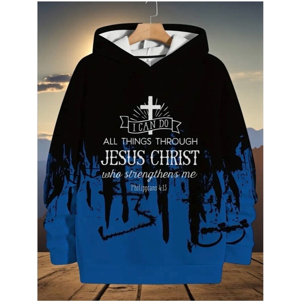 Dark Blue Cross & Letter 2D All Over Print Hoodie For men & women All Size L
